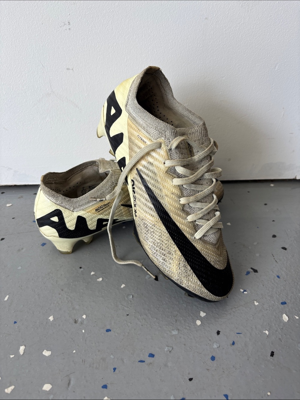 Nike Air Zoom Fly Knit Soccer Cleats in Cream and Black with Bold Swoosh
